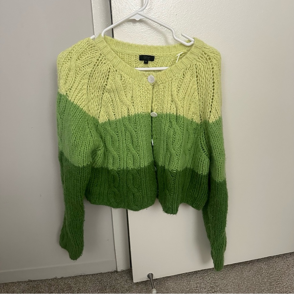 Green Striped Cable Knit Cardigan
